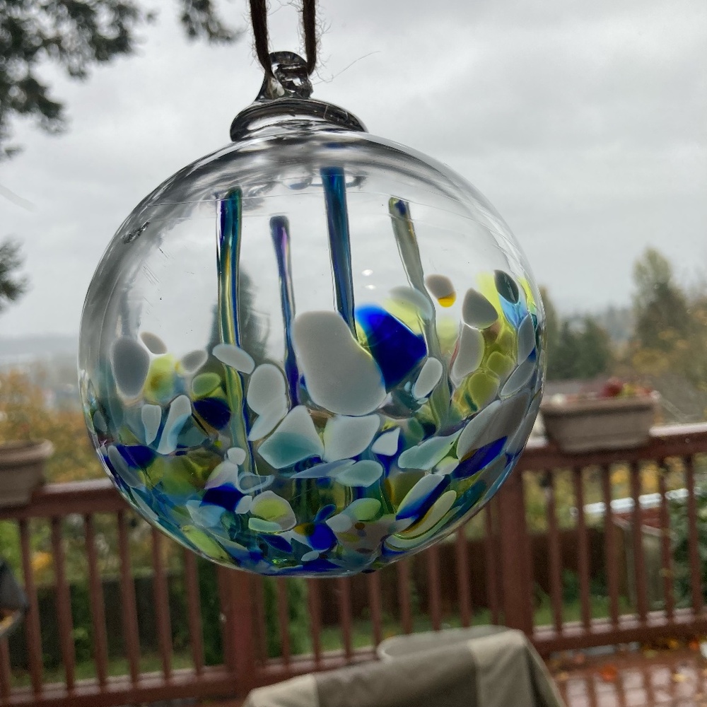 Beautiful Hand Blown Glass Ball - Blue, White, & Yellow